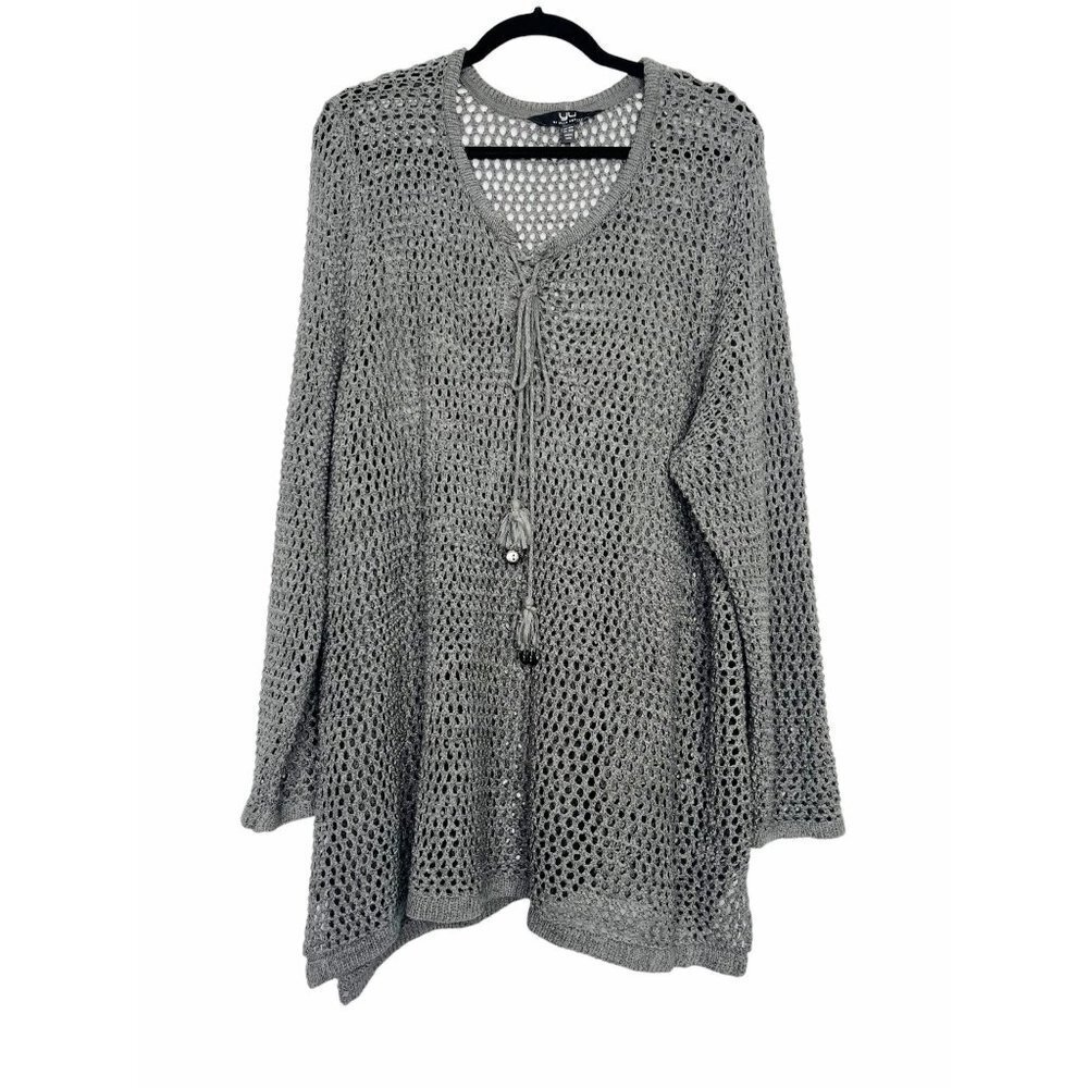 YU by Ulla Popken Open Knit Tassel Tunic Sweater Beach Coverup Gray Size L